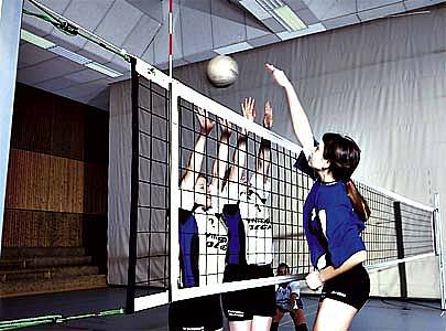 Volleyball-Turniernetz, Polypropylen, ca. 3 mm stark, mit Kevlarseil, 4-Punkte-Aufhngung, 9,50 m lang