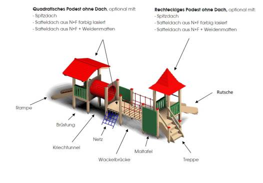 Turm mit Dach aus Brettern, farbig lasiert, Modul Spielinsel