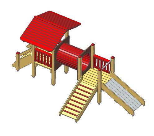 Turm mit Dach aus Brettern, farbig lasiert, Modul Spielinsel