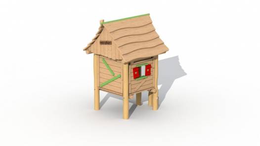 Holzfllerhtte mit Balancierpfosten